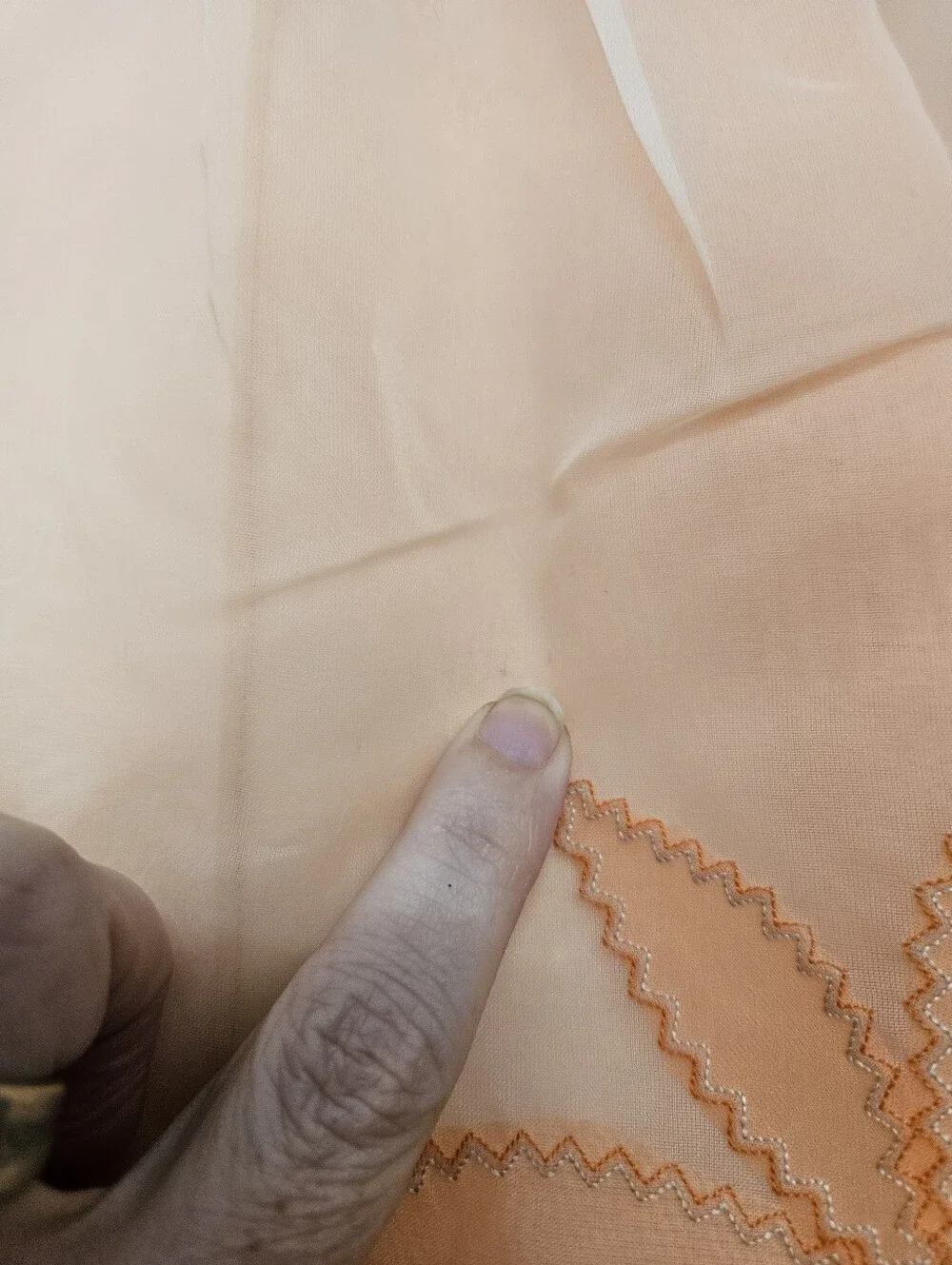 Vintage Sheer Half Apron Tie Waist peach and white, flower Pocket